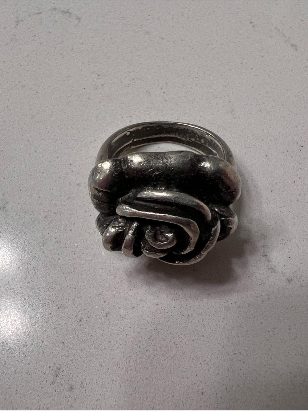 Silver Tone Sculptural Rose Statement Ring - Size 8